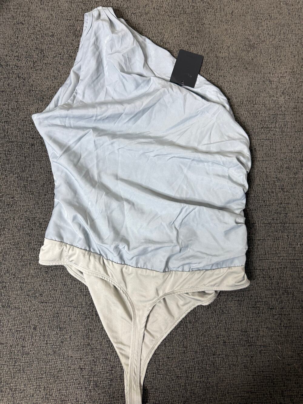 NBD Miles Bodysuit Light Blue One Shoulder Ruched Draped Satin NWT XL